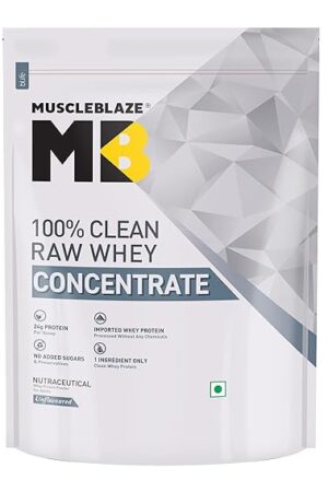 MuscleBlaze 100% Clean Raw Whey Protein Concentrate, 24g protein